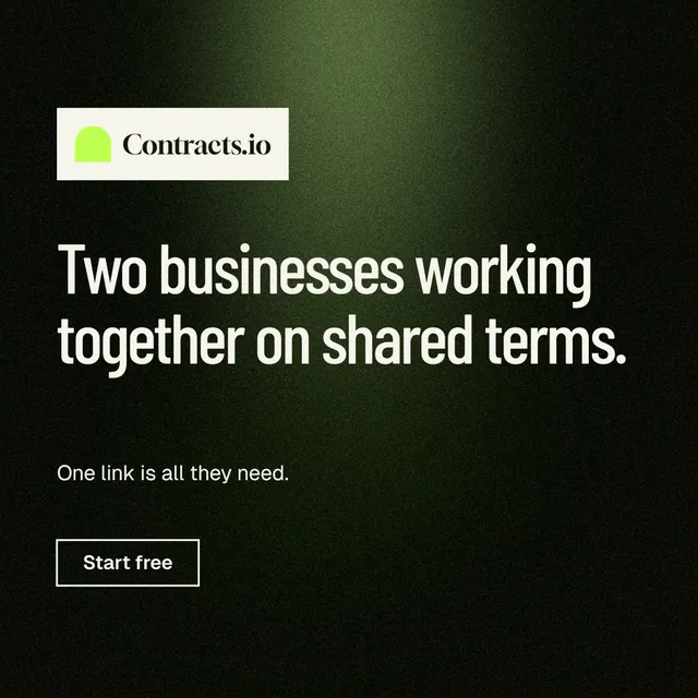 Instagram post for contracts.io: "Two businesses working together on shared terms." Dark deco style, announce layout, dark palette in black, grey.