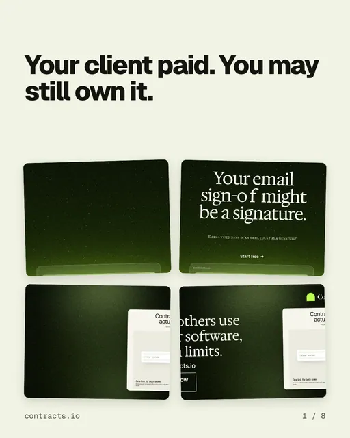 Carousel for contracts.io: "Your client paid. You may still own it.". Collection carousel, 8 slides, light palette.
