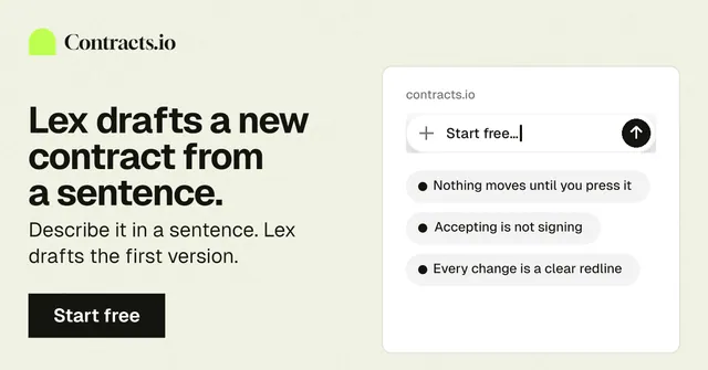 Social ad for contracts.io: "Lex drafts a new contract from a sentence." Swiss style, bottom layout, light palette in yellow, green, white.