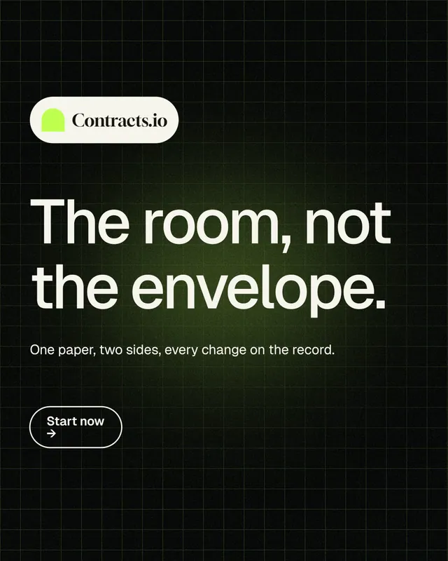 Instagram portrait post for contracts.io: "The room, not the envelope." Phosphor atlas style, announce layout, dark palette in black, green, grey.
