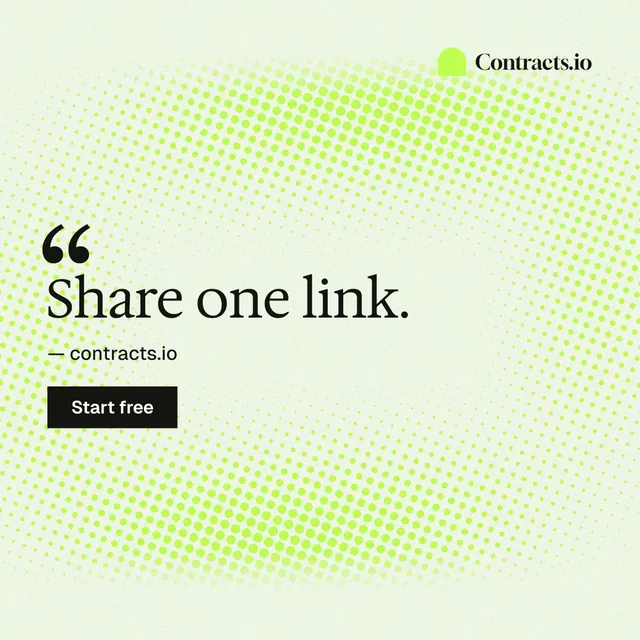 Instagram post for contracts.io: "Share one link." Swiss style, quote layout, light palette in green, white.