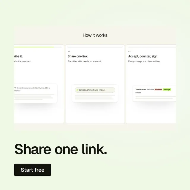 Video for contracts.io: "Share one link.". Doc motion loop, 6.0 s, light palette.