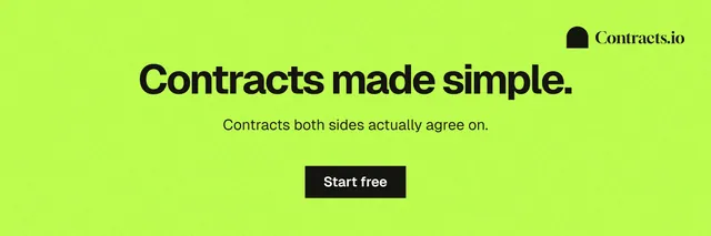 X header for contracts.io: "Contracts made simple." Swiss style, centred layout, light palette in green.