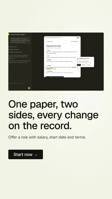 Video for contracts.io: "One paper, two sides, every change on the record.". Doc motion loop, 6.0 s, light palette.