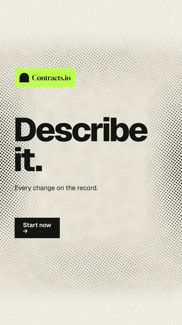 Instagram story for contracts.io: "Describe it." Ink sticker style, announce layout, light palette in white, yellow, grey.