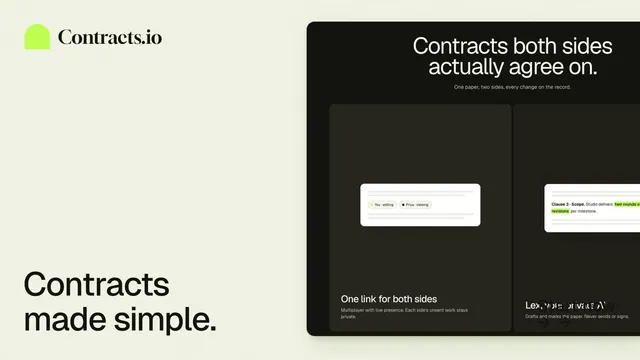 Landscape graphic for contracts.io: "Contracts made simple." Data card style, image led layout, light palette in white, black, grey.