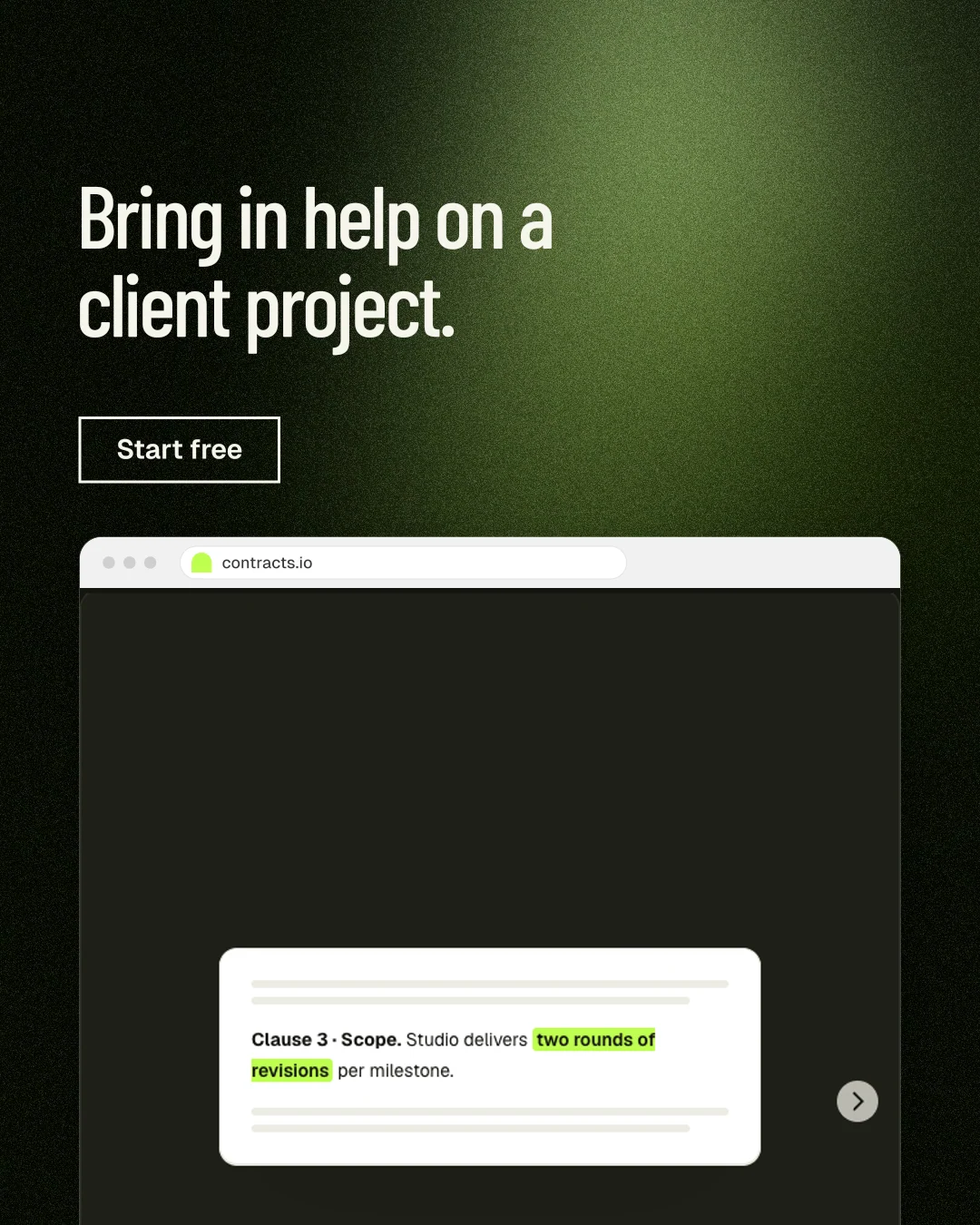Instagram portrait post for contracts.io: "Bring in help on a client project." Dark deco style, browser layout, dark palette in black, green, grey.
