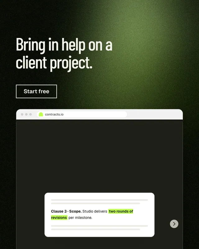 Instagram portrait post for contracts.io: "Bring in help on a client project." Dark deco style, browser layout, dark palette in black, green, grey.