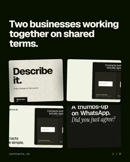 Carousel for contracts.io: "Two businesses working together on shared terms.". Collection carousel, 8 slides, dark palette.