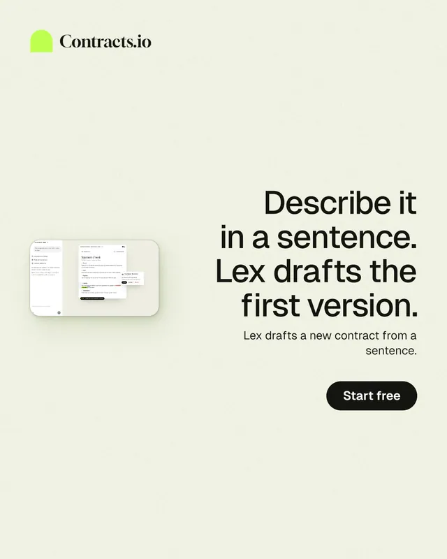 Instagram portrait post for contracts.io: "Describe it in a sentence. Lex drafts the first version." Data card style, right layout, light palette in white.