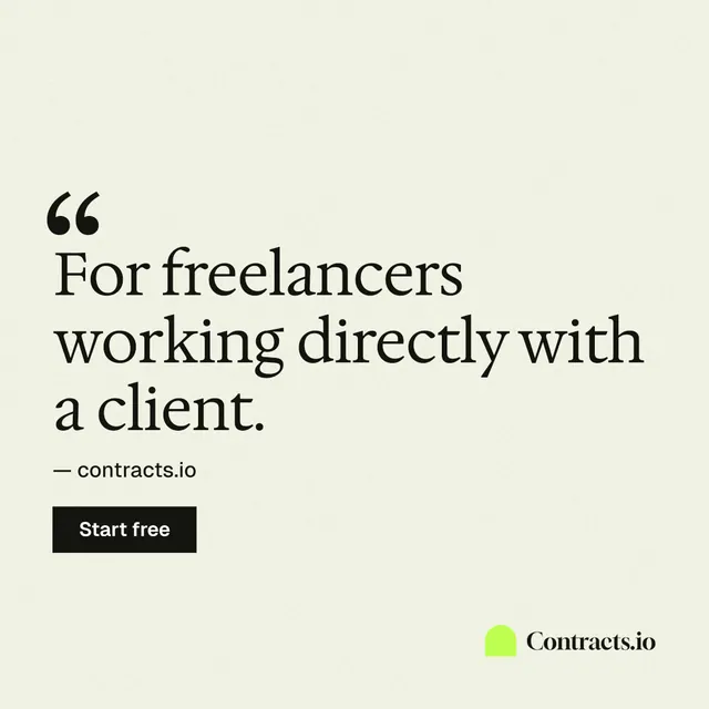 Instagram post for contracts.io: "For freelancers working directly with a client." Swiss style, quote layout, light palette in white.