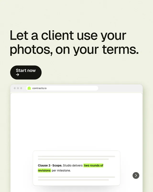 Instagram portrait post for contracts.io: "Let a client use your photos, on your terms." Data card style, browser layout, light palette in white, grey.