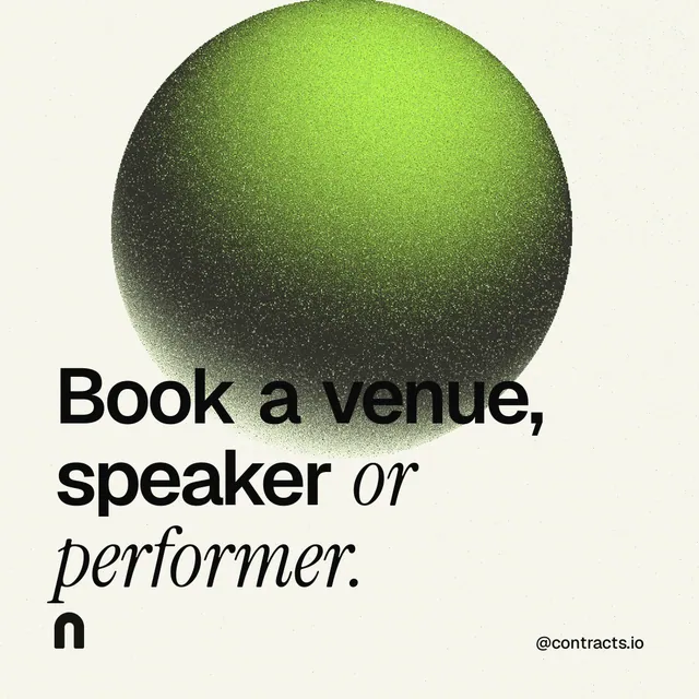 Instagram post for contracts.io: "Book a venue, speaker or performer." Auto 1x1 style, technique:shader field layout, light palette in white, grey, green.