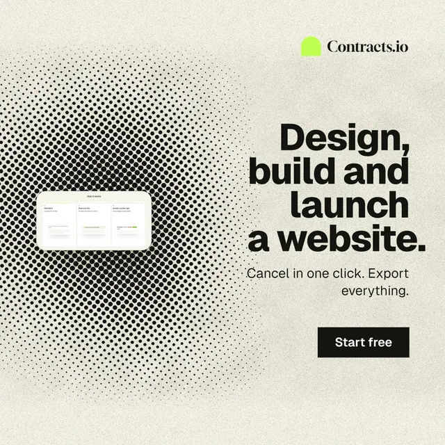 Instagram post for contracts.io: "Design, build and launch a website." Ink sticker style, right layout, light palette in yellow, grey.