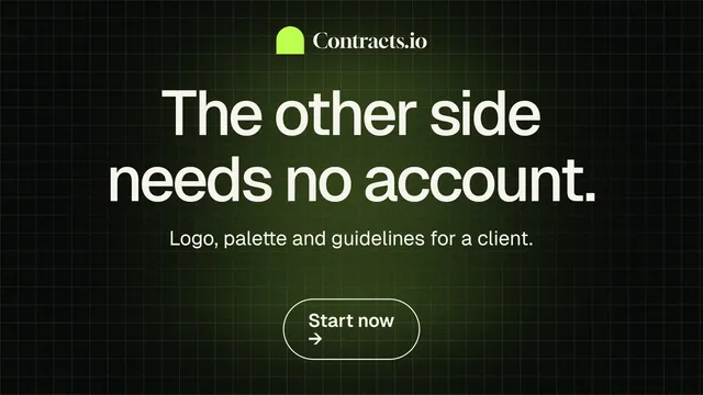 Landscape graphic for contracts.io: "The other side needs no account." Phosphor atlas style, centred layout, dark palette in black, grey.