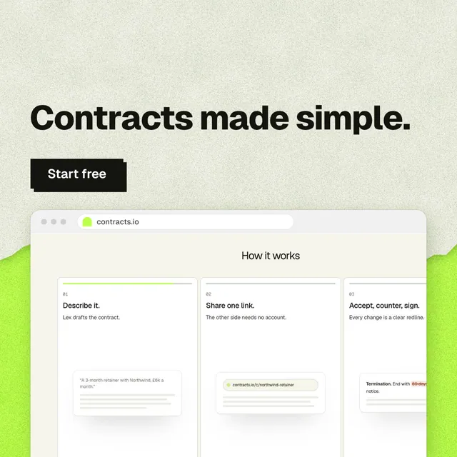 Instagram post for contracts.io: "Contracts made simple." Paper trio style, browser layout, light palette in white, green, yellow.