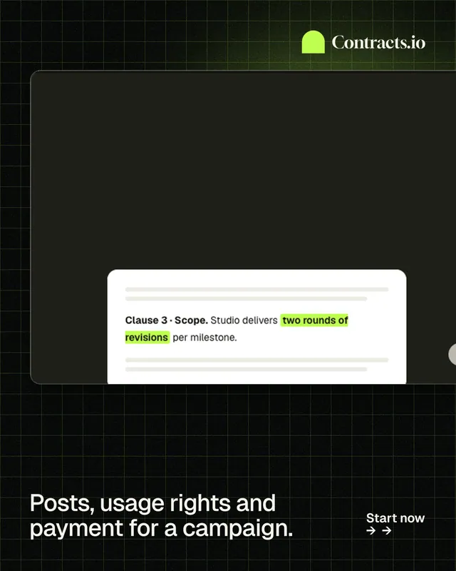 Instagram portrait post for contracts.io: "Posts, usage rights and payment for a campaign." Phosphor atlas style, image led layout, dark palette in black, grey.