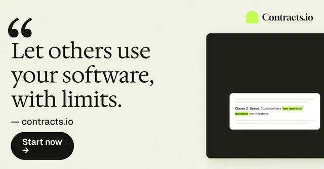 Social ad for contracts.io: "Let others use your software, with limits." Data card style, quote layout, light palette in white, black, grey.
