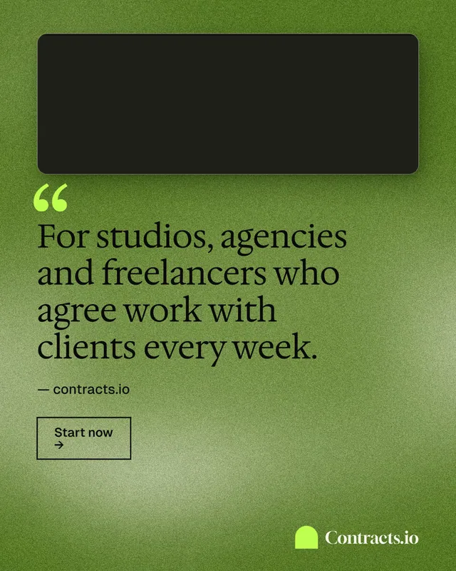 Instagram portrait post for contracts.io: "For studios, agencies and freelancers who agree work with clients every week." Cyanotype style, quote layout, dark palette in green.