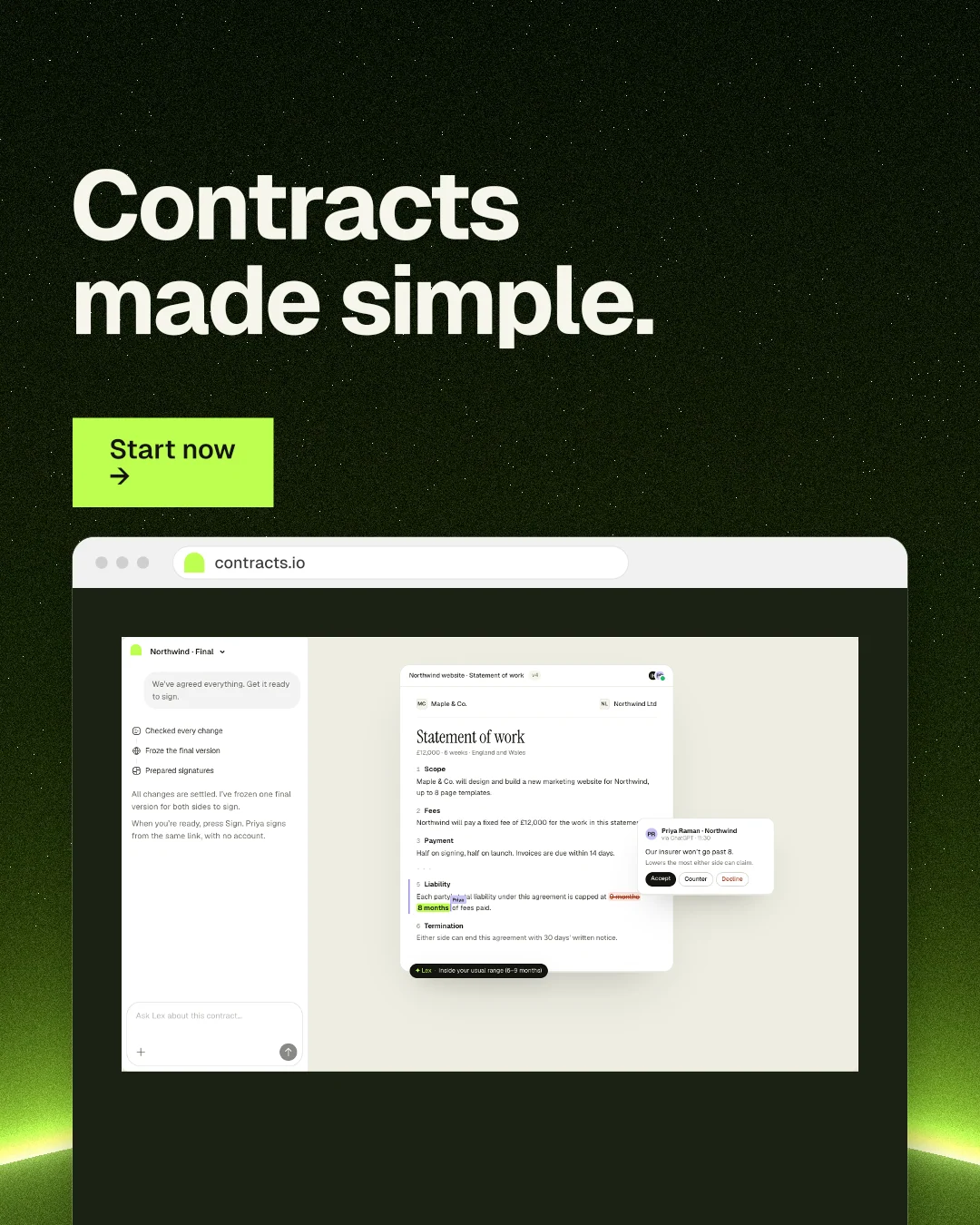 Instagram portrait post for contracts.io: "Contracts made simple." Swiss style, browser layout, dark palette in black, green, white.