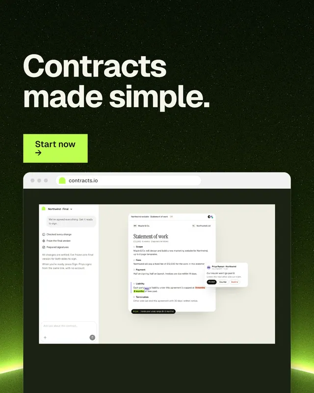 Instagram portrait post for contracts.io: "Contracts made simple." Swiss style, browser layout, dark palette in black, green, white.