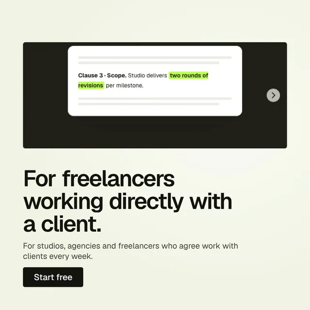 Video for contracts.io: "For freelancers working directly with a client.". Doc motion loop, 7.0 s, light palette.