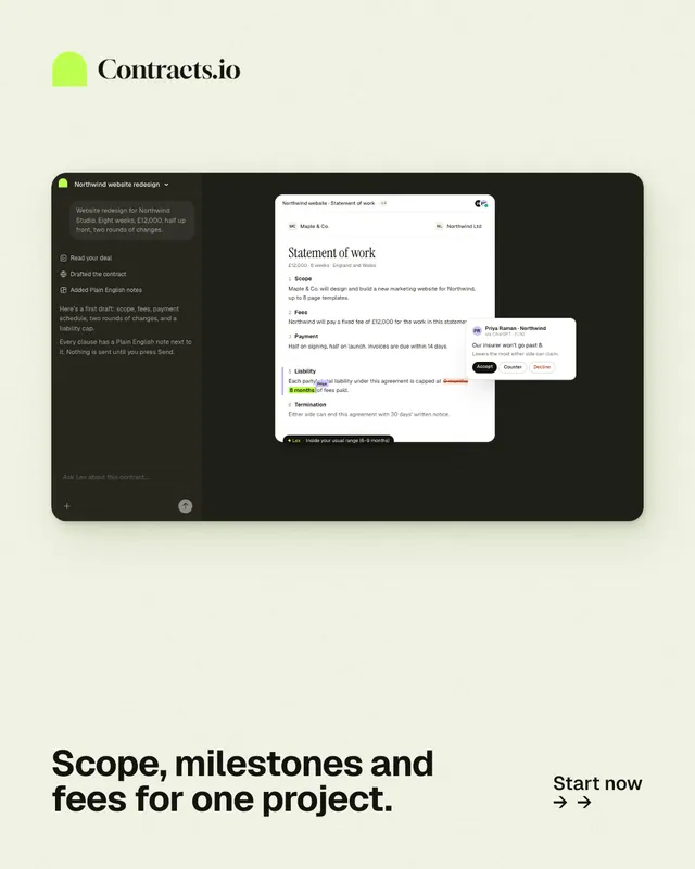 Instagram portrait post for contracts.io: "Scope, milestones and fees for one project." Swiss style, image led layout, light palette in white, grey, green.