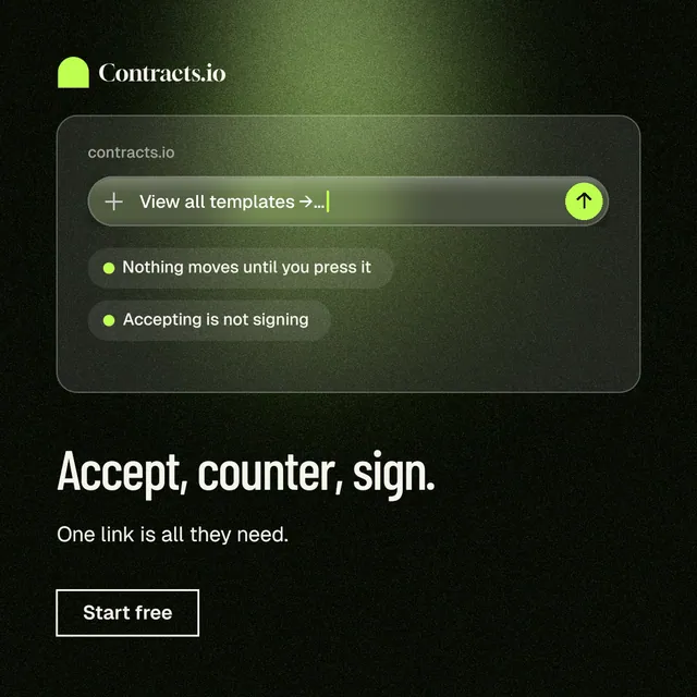 Instagram post for contracts.io: "Accept, counter, sign." Dark deco style, bottom layout, dark palette in black, green.