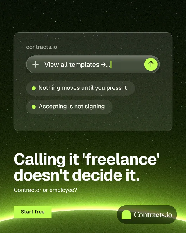 Instagram portrait post for contracts.io: "Calling it 'freelance' doesn't decide it." Swiss style, bottom layout, dark palette in green, black.
