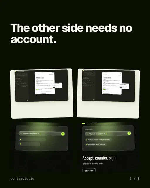 Carousel for contracts.io: "The other side needs no account.". Collection carousel, 8 slides, dark palette.