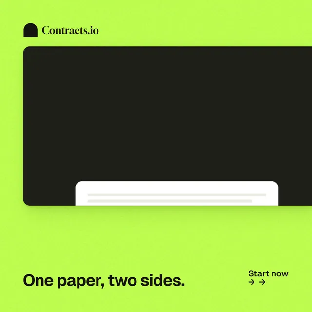 Instagram post for contracts.io: "One paper, two sides." Swiss style, image led layout, light palette in green, black.