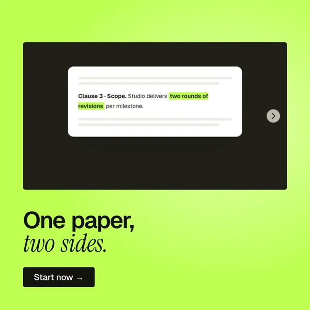Video for contracts.io: "One paper, two sides.". Doc motion loop, 6.0 s, light palette.