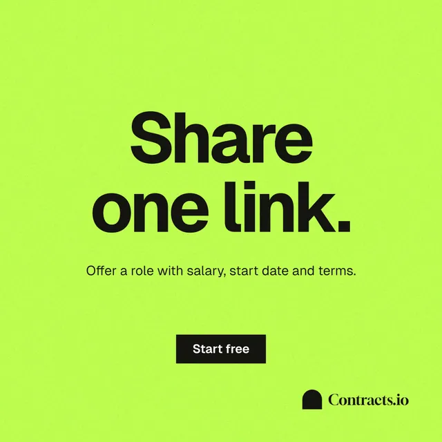 Instagram post for contracts.io: "Share one link." Swiss style, centred layout, light palette in green.