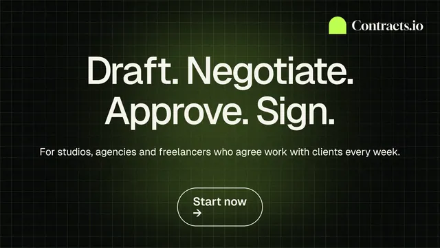 Landscape graphic for contracts.io: "Draft. Negotiate. Approve. Sign." Phosphor atlas style, centred layout, dark palette in black, grey.