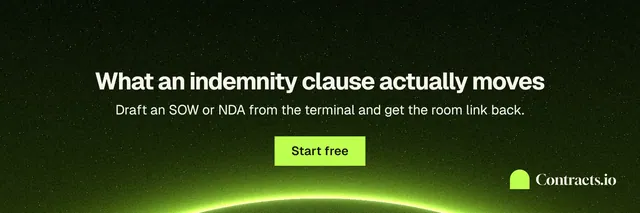 X header for contracts.io: "What an indemnity clause actually moves". Swiss style, centred layout, dark palette in black, green.