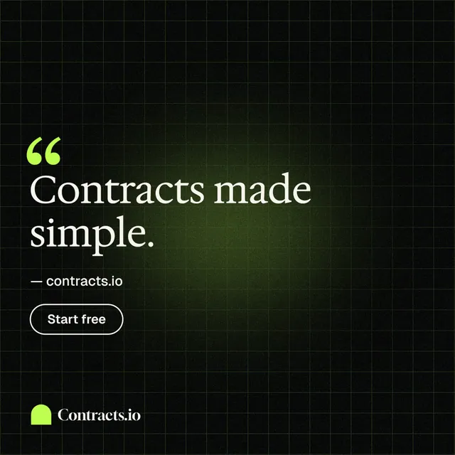 Instagram post for contracts.io: "Contracts made simple." Phosphor atlas style, quote layout, dark palette in black, green.