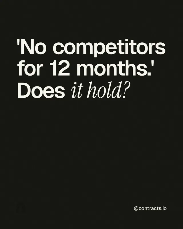 Instagram portrait post for contracts.io: "'No competitors for 12 months.' Does it hold?" Editorial style, technique:mixed type lockup layout, dark palette in black, grey.