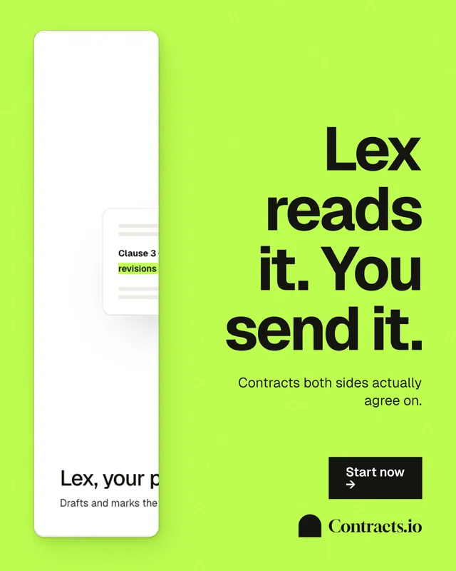 Instagram portrait post for contracts.io: "Lex reads it. You send it." Swiss style, right layout, light palette in green, white.