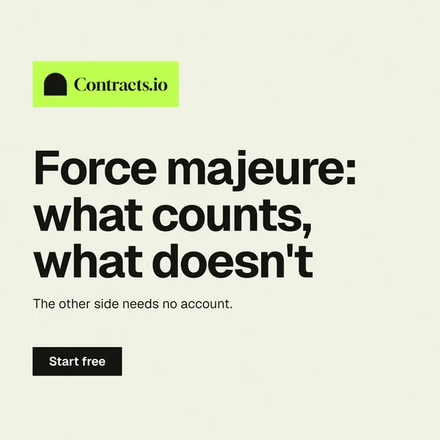Instagram post for contracts.io: "Force majeure: what counts, what doesn't". Swiss style, announce layout, light palette in white, yellow, grey.