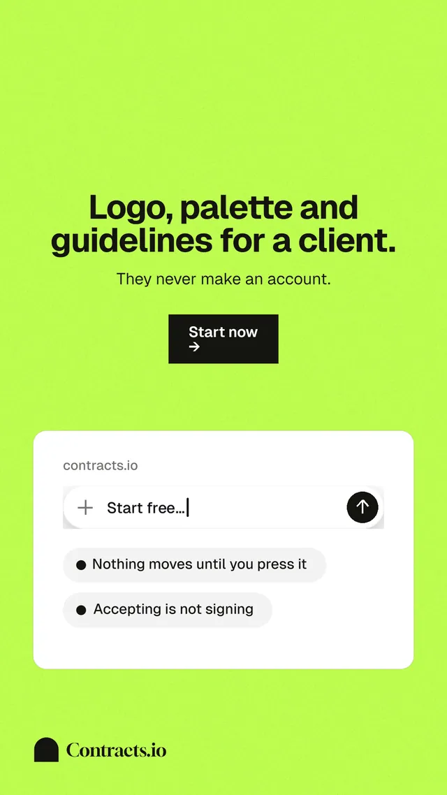 Instagram story for contracts.io: "Logo, palette and guidelines for a client." Swiss style, centred layout, light palette in green.