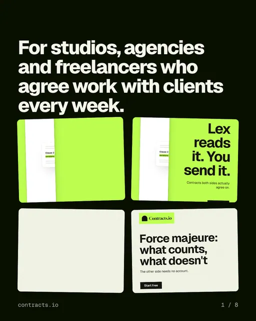 Carousel for contracts.io: "For studios, agencies and freelancers who agree work with clients every week.". Collection carousel, 8 slides, light palette.