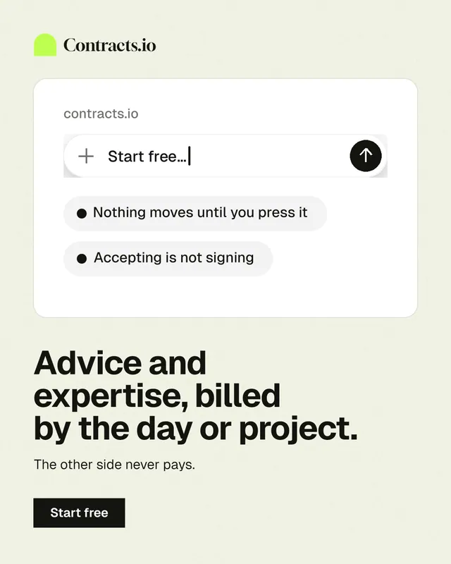 Instagram portrait post for contracts.io: "Advice and expertise, billed by the day or project." Swiss style, bottom layout, light palette in white, grey.