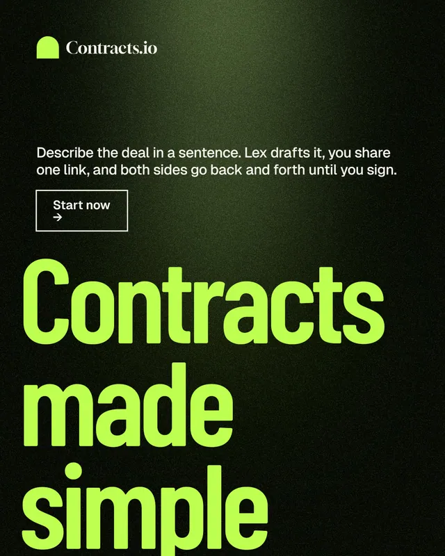 Instagram portrait post for contracts.io: "Contracts made simple." Dark deco style, oversized layout, dark palette in green, black.