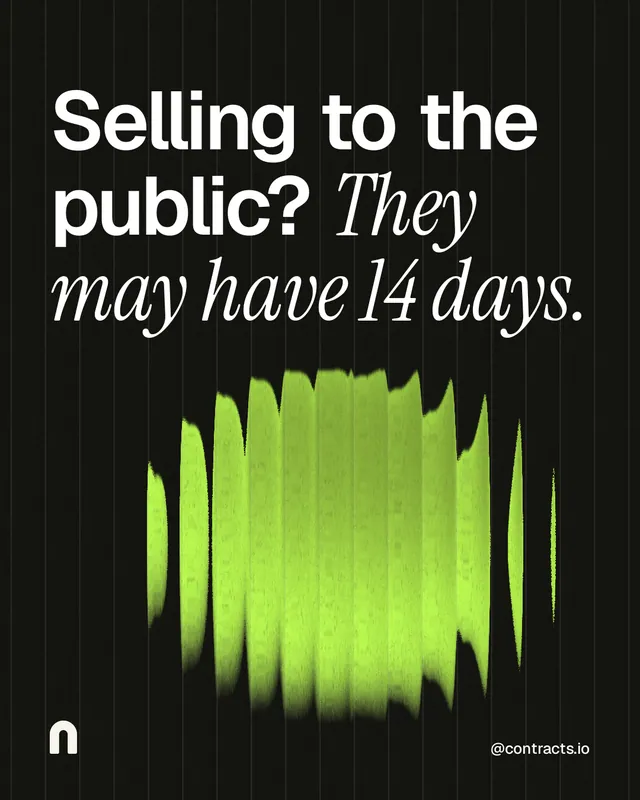 Instagram portrait post for contracts.io: "Selling to the public? They may have 14 days." Auto 4x5 style, technique:shader field layout, dark palette in black, green.