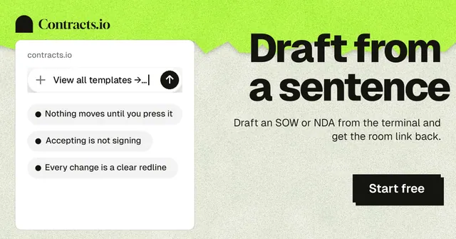 Social ad for contracts.io: "Draft from a sentence". Paper trio style, right layout, light palette in yellow, white, green.