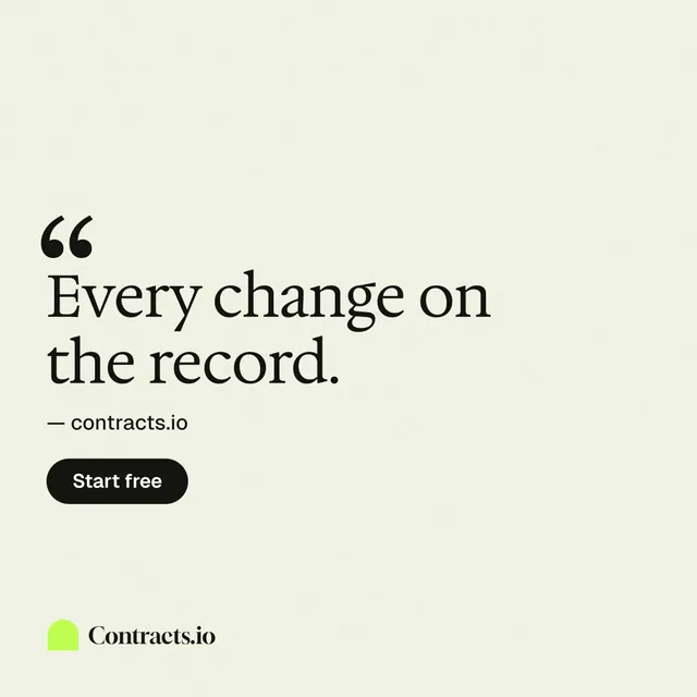 Instagram post for contracts.io: "Every change on the record." Data card style, quote layout, light palette in white, yellow.