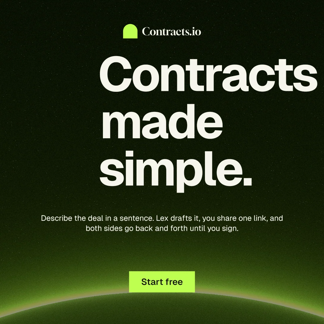 Instagram post for contracts.io: "Contracts made simple." Swiss style, centred layout, dark palette in black, green.