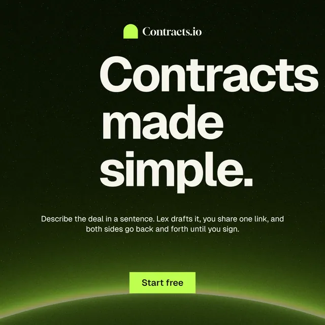 Instagram post for contracts.io: "Contracts made simple." Swiss style, centred layout, dark palette in black, green.