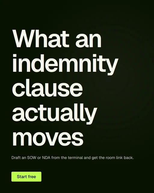 Video for contracts.io: "What an indemnity clause actually moves". Doc motion loop, 8.0 s, dark palette.