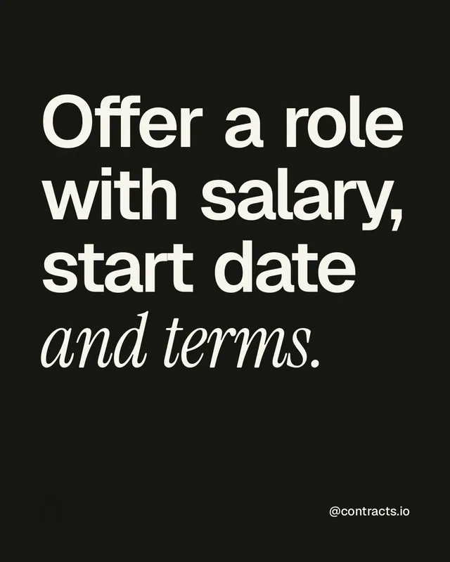 Instagram portrait post for contracts.io: "Offer a role with salary, start date and terms." Editorial style, technique:mixed type lockup layout, dark palette in black, grey.